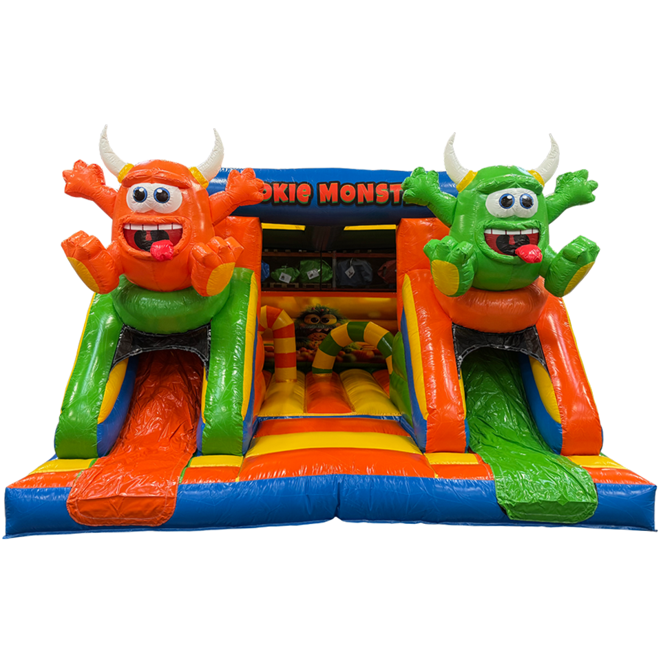 Combo Midi 2 Glijbanen Cookie Monster Springkasteel Zonder Zwembadjes